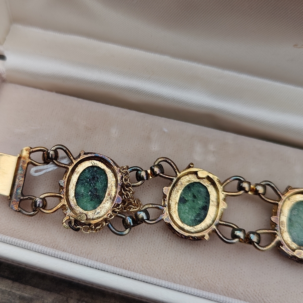 Antique 12K GF And Sterling Wells17 Jewels Chrysocolla Dial And Jade Watch - Picture 10 of 12